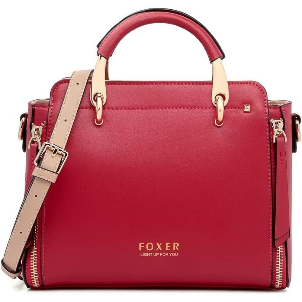 Foxer Top Handle Satchel Purse Red Leather Hand Bag Gold Hardware Bold